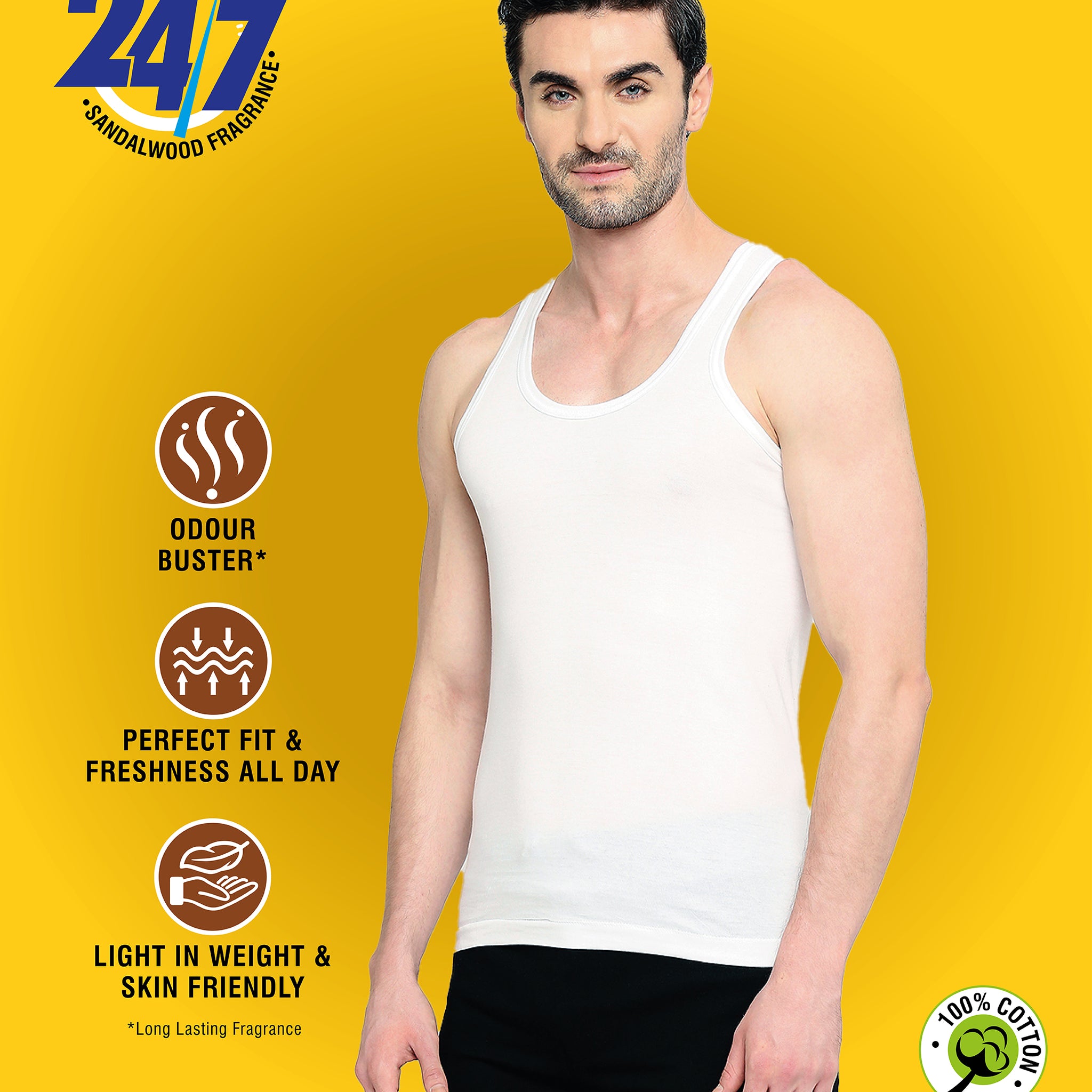 Fresh Men's Sandalwood Scented Cotton Vest with Odour Buster Technology