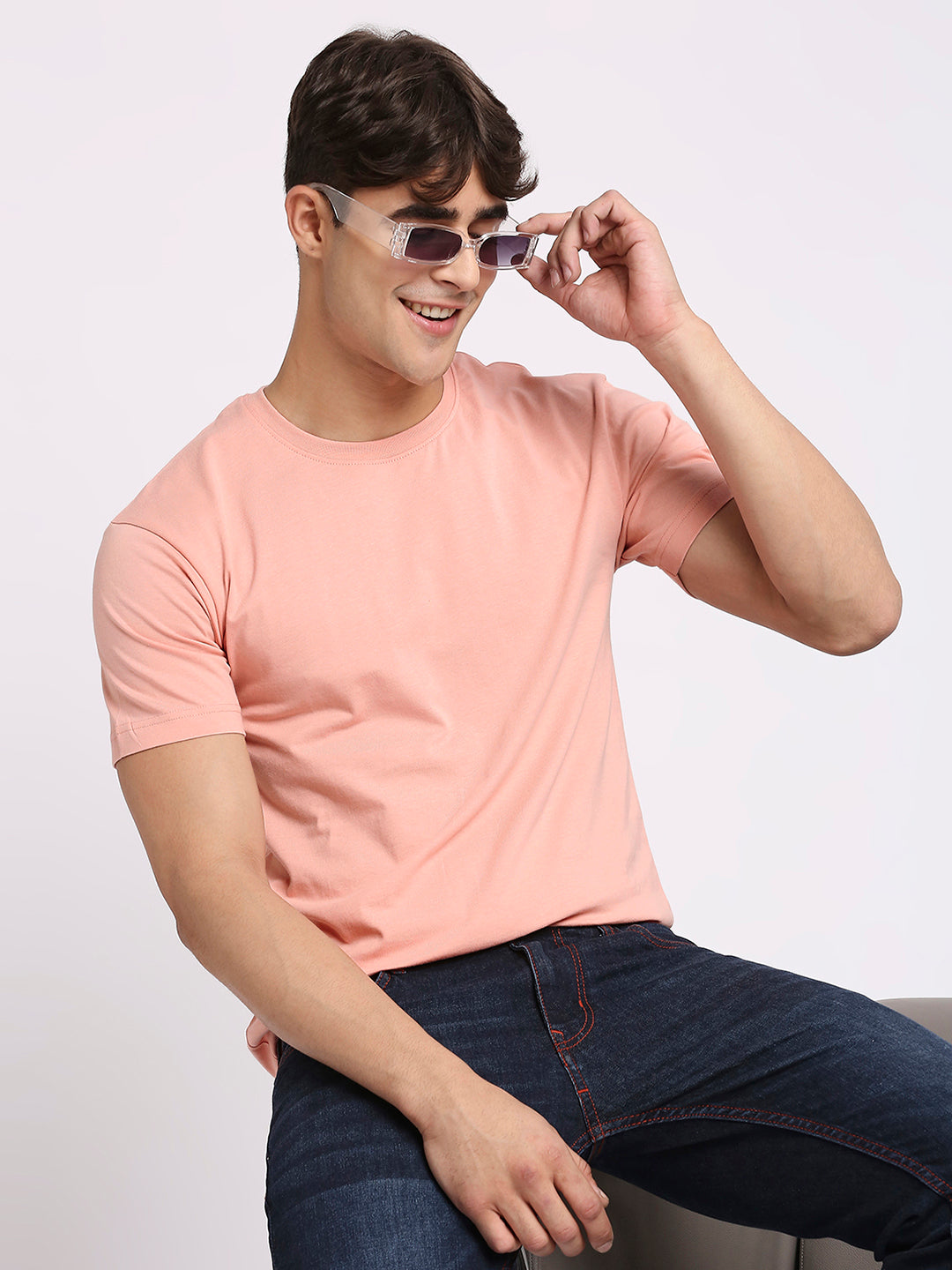 Solid Peach Pure Cotton Round Neck T-Shirt for Men