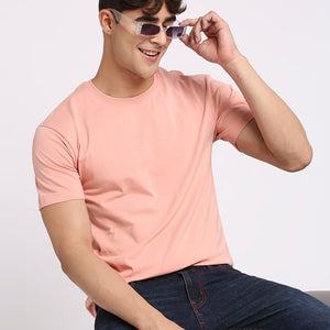 Solid Peach Pure Cotton Round Neck T-Shirt for Men