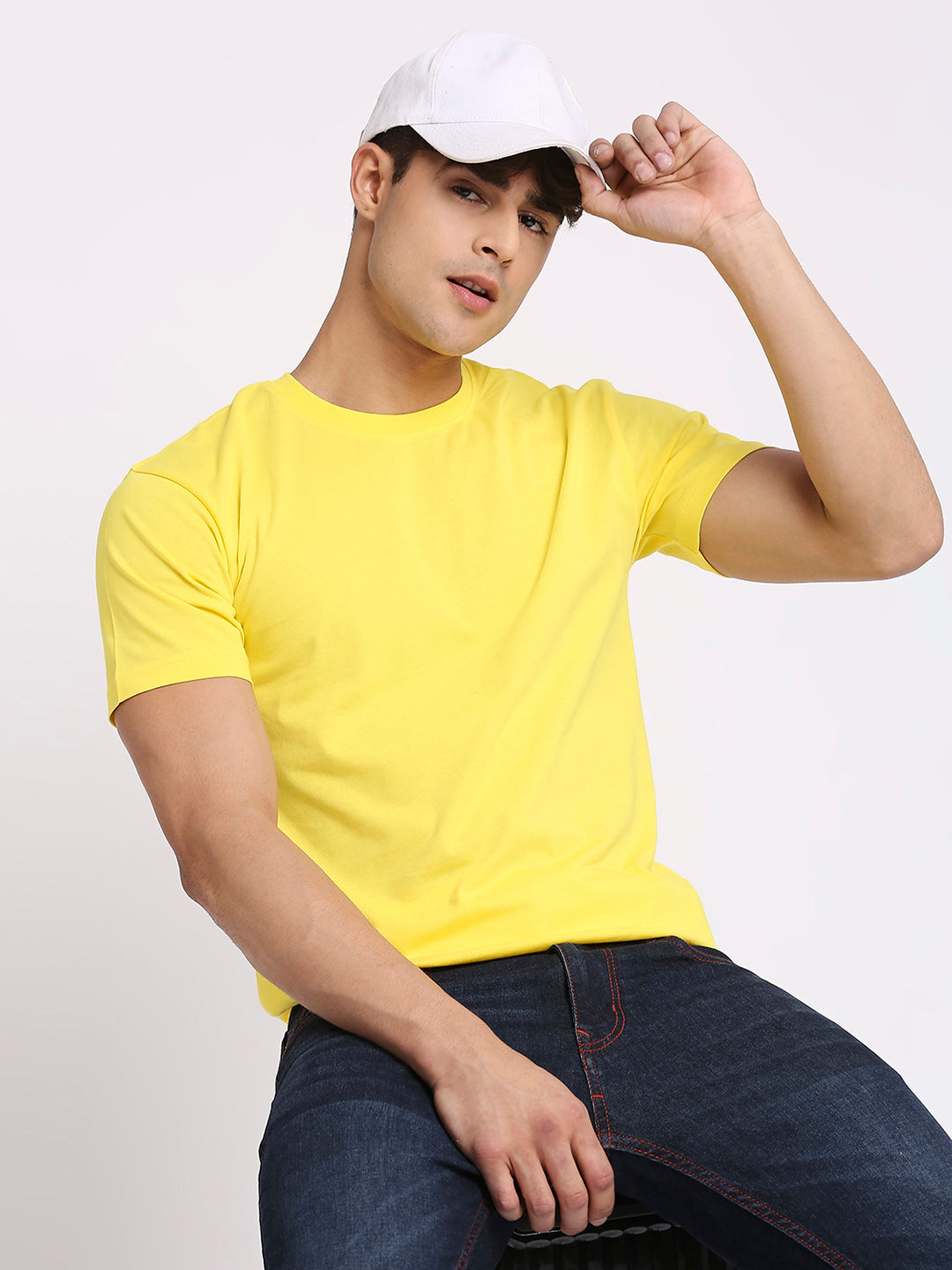 Solid Yellow Pure Cotton Round Neck T-Shirt for Men