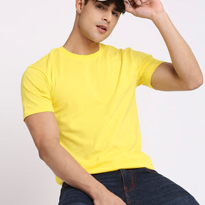 Solid Yellow Pure Cotton Round Neck T-Shirt for Men